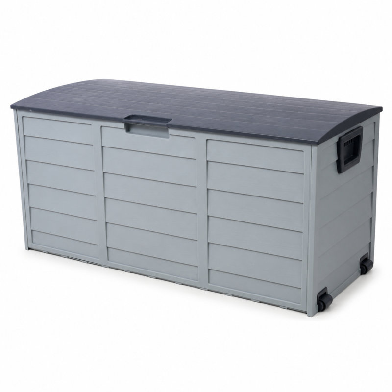 Coffre de terrasse extérieur en plastique gris 75 gallons toutes saisons avec roulettes pour le jardin