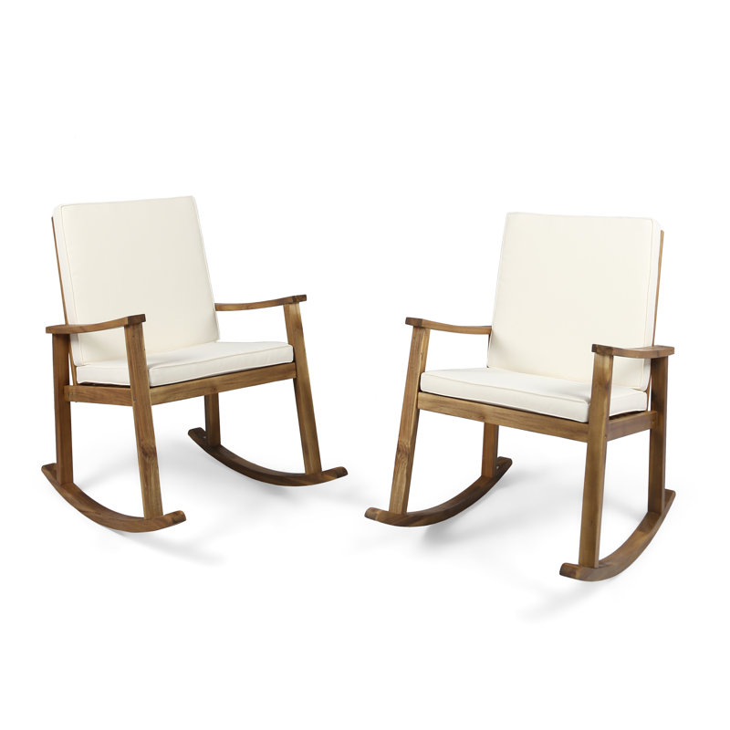 Chaise berçante d'extérieur en bois massif avec coussins Cherell, Teck