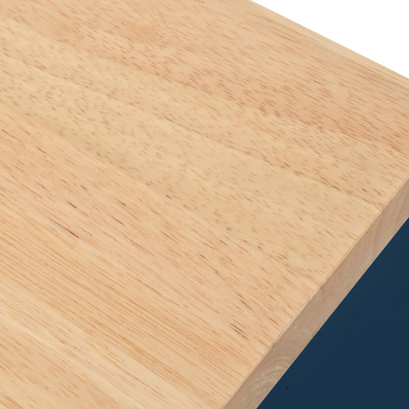 Îlot de cuisine roulant moderne avec rangement, lumières à DEL, portes cannelées, table d'appoint allongée bleu marine, prises de courant, finition