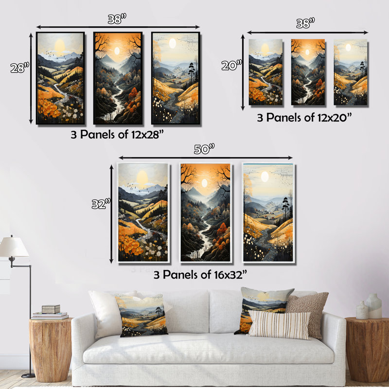«Countryside Misty Morning Patchwork», 3 pièces sur toile, Cadre blanc, H 28 po x l 36 po