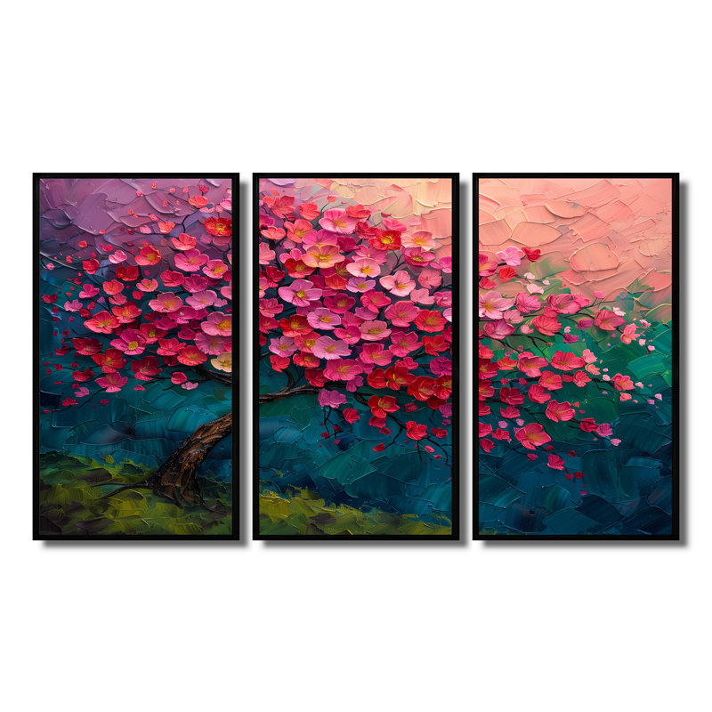 «Rose Cherry», art mural cerisier rose et bleu, H 28 po x l 36 po x P 1 po, Toile avec cadre flottant noir