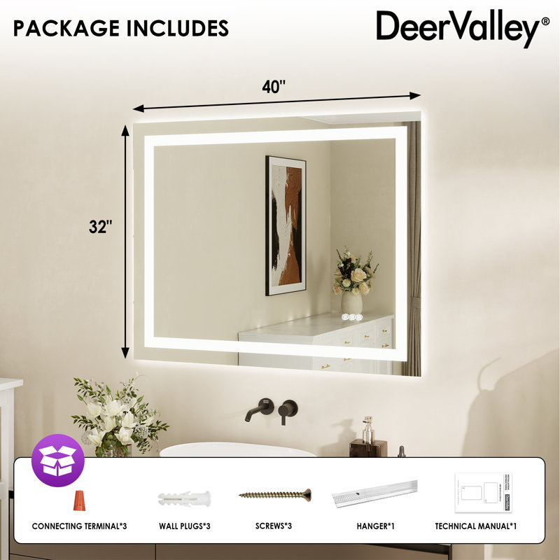 Deervalley 40"X 32"  LED Bathroom Mirror With Lights, 1.5X Anti-Fog, Front And Backlit Frameless LED Mirror