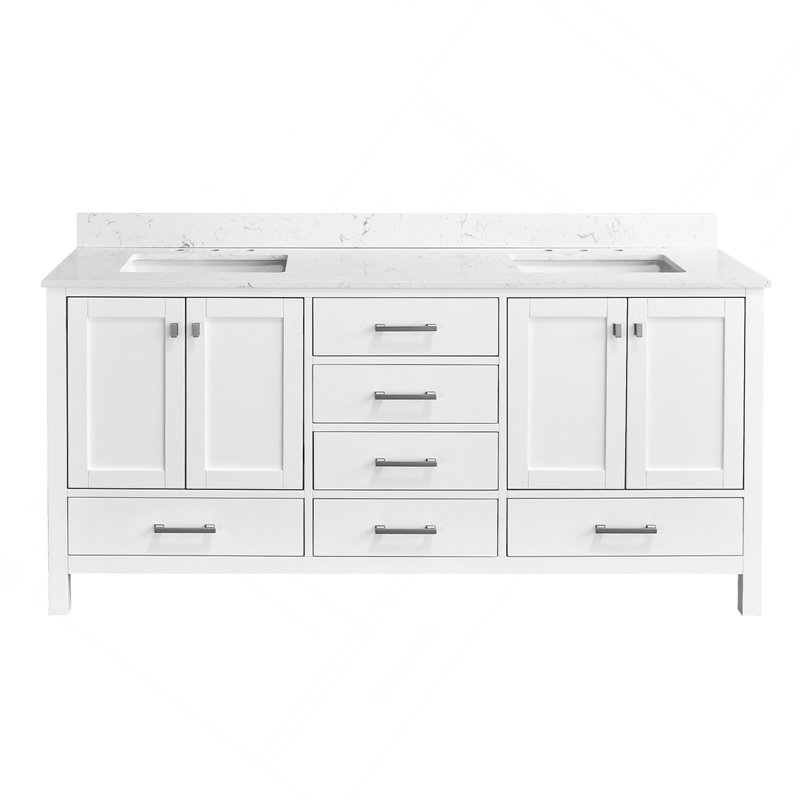 Meuble-lavabo 72 po, armoire de rangement en bois massif, comptoir de meuble-lavabo autoportant avec double cuve