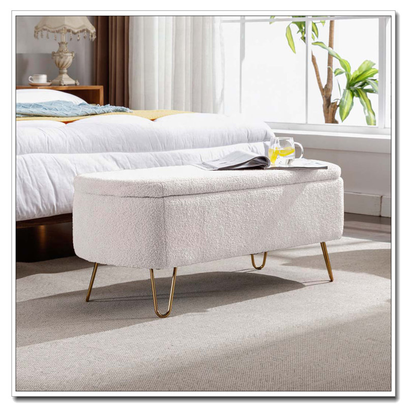 Faux Fur Flip Top Storage Bench with Gold Legs, Ivory