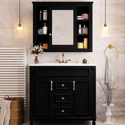 Meuble-lavabo de salle de bain, armoire à miroir noire, 2 portes et tiroirs, décor moderne et pratique