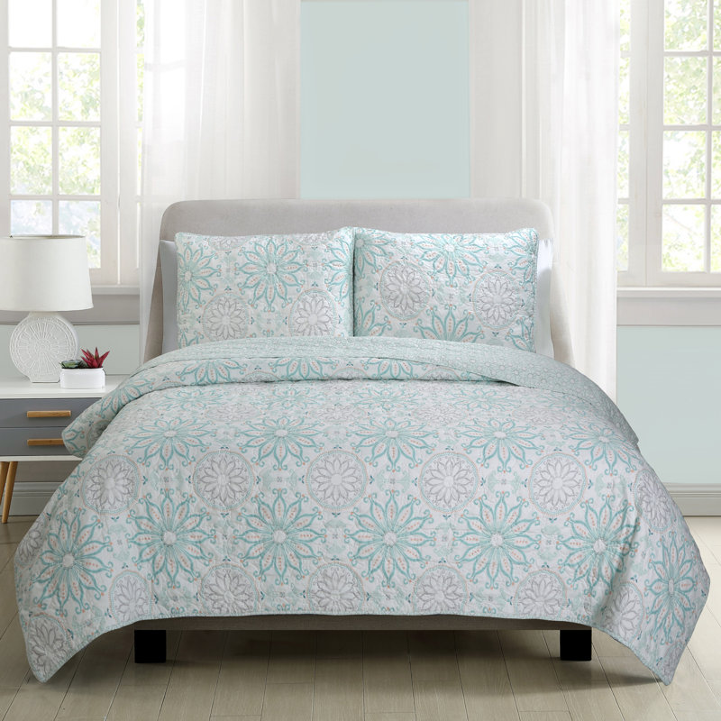 Gray and Aqua Reversible Microfiber Twin Quilt Set