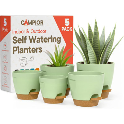 Ensemble de 5 pots à arrosage verts, pots à plantes d'intérieur et d'extérieur avec corde de mèche et trous de drainage, rebord d'arrosage facile, pot à fleurs en plastique léger pour plantes grasses, plantes d'intérieur et herbes