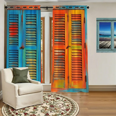 2Pcs Vintage Shutter Door Print Blackout Curtains, Artistic Coastal Vibes Window Drapes, Thermal Insulated Room Decor Panels for Living Room, Bedroom, Home, Wall,