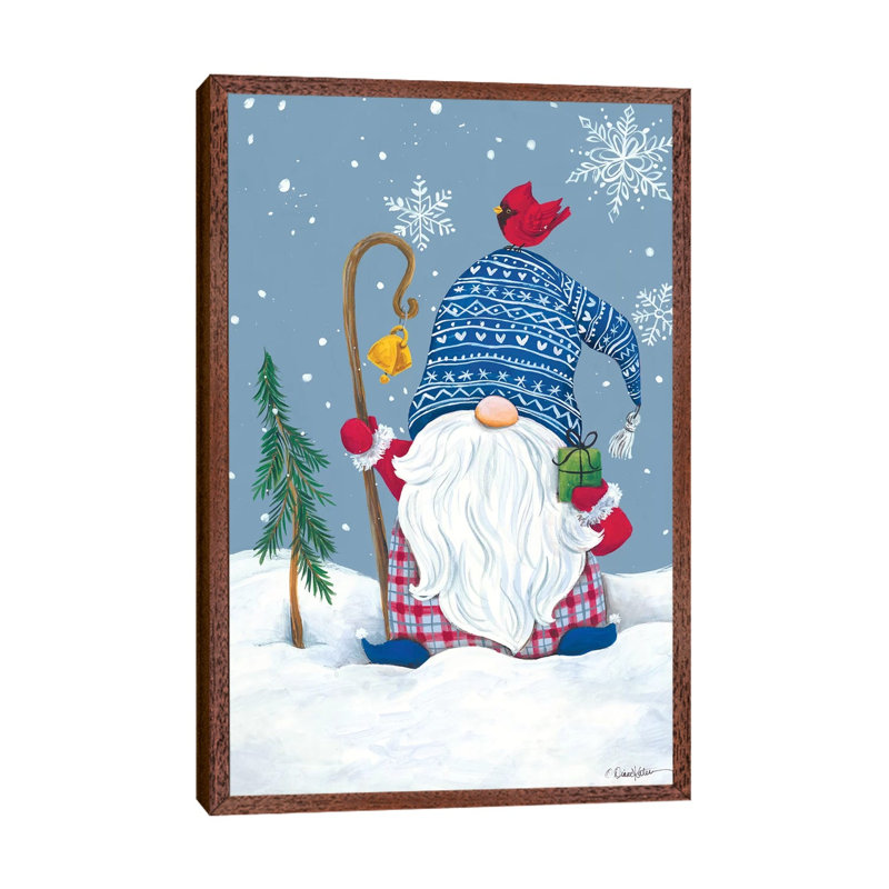 Snowy Gnome With Present by Diane Kater - Print on Canvas, Classic Brown Wood Framed, 101.6 cm H x 66.04 cm W