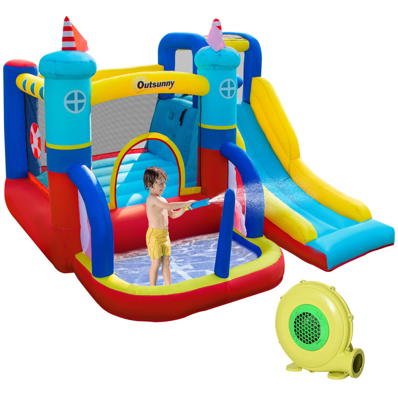Outsunny Kids Bouncy Castle with Slide Pool Trampoline Climbing Wall w/ Blower