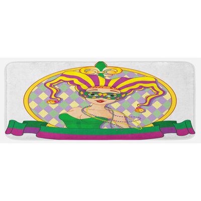 Tapis de cuisine circulaire à motif circulaire à cadre à damier de style dessin harlequin lady mauve