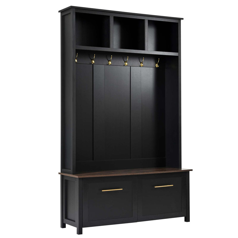 4-in-1 Hall Tree with 6 Golden Hooks, Wood Grain Bench with 2 Drawers and Storage, Black, Black/Brown 1