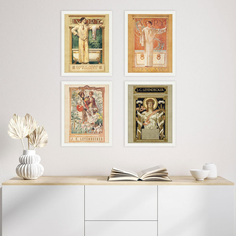 «Leyendecker», art déco multicolore encadré, publicité classique sur toile, impression sur bois, 4 pièces, Blanc