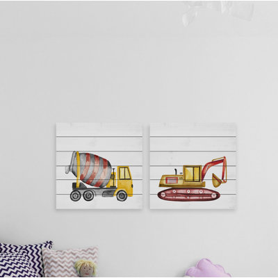 «Mixer Truck and Excavator Diptych», impression sur bois blanc 2 pièces