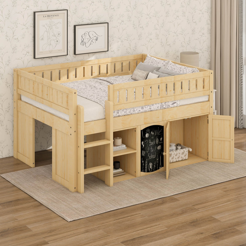 Full Size Loft Bed With Storage Cabinet & Chalkboard Panel, Natural