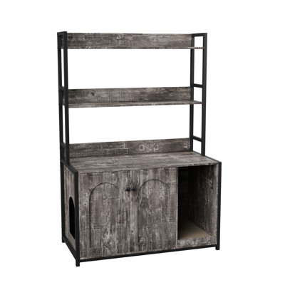 Grey Cat Litter Box Enclosure With Double Doors, Shelf Storage, And A Scratch Pad, Solid Indoor Cabinet Storage - Door Design, Hidden Washroom Featuring Pad