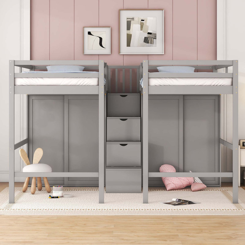 Lit mezzanine double avec placards et escalier, Gris