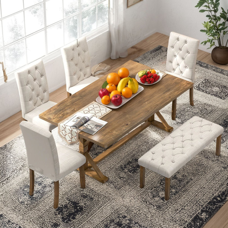 Ensemble de table de salle à manger 6 pièces Farmhouse (noyer), table rectangulaire en bois de 72 pouces à texture naturelle, 4 chaises rembourrées + 1 ensemble de banc