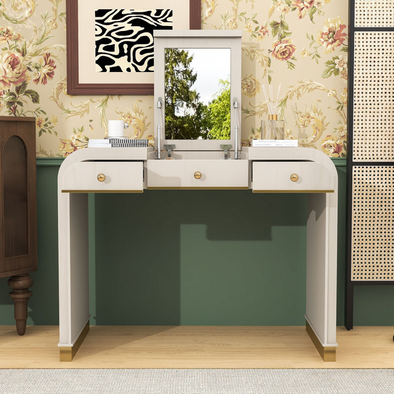 Vanity Desk with Mirror, 2 Drawers and Hidden Storage, Champagne