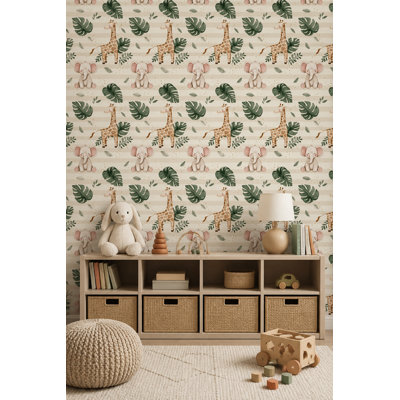 Papier peint girafe éléphant motif aquarelle jungle