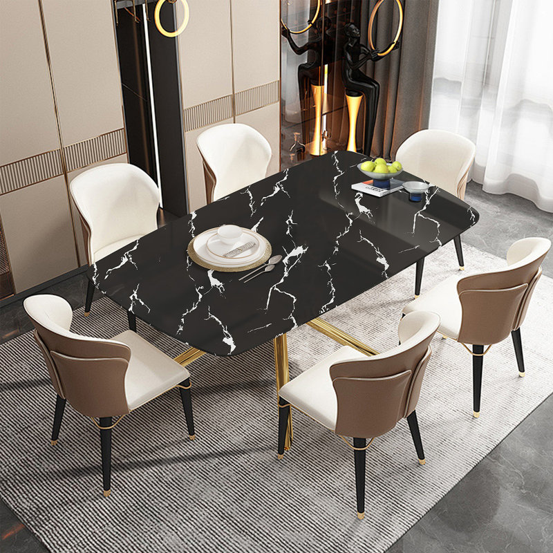 Grande table de salle à manger rectangulaire de 70 po Wrought Studio ™, table Kichen avec plateau en imitation marbre et pieds en métal doré, table de salle à manger pour la salle à manger, salon, salle de banquet