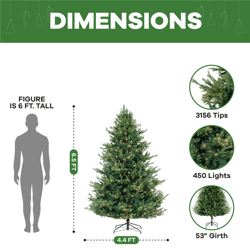 Traditional Christmas Tree with Lights, Prelit with Metal Stand, 6.5 ft