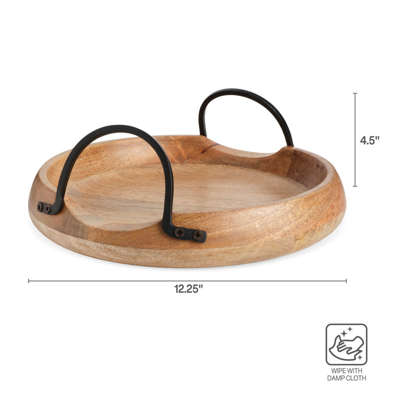 Knox Round Natural Mango Wood Serving Tray with Iron Handles
