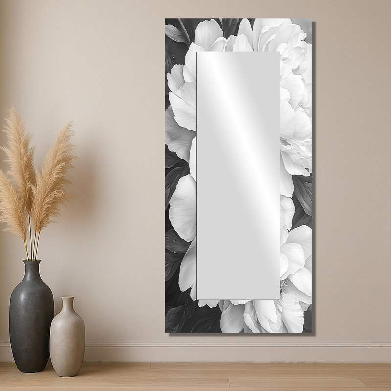 Peonies In Classic Grey II - Floral Accent Wall Mirror - Printed On Metal, 28" x 60"