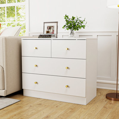 White 3-tier 4-drawer Storage Cabinet  Particleboard Dresser With Brushed Gold Handles (living Room/bedroom/entryway)
