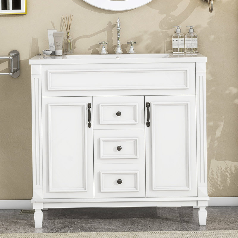 Meuble-lavabo de salle de bain 36 po avec lavabo supérieur, Blanc