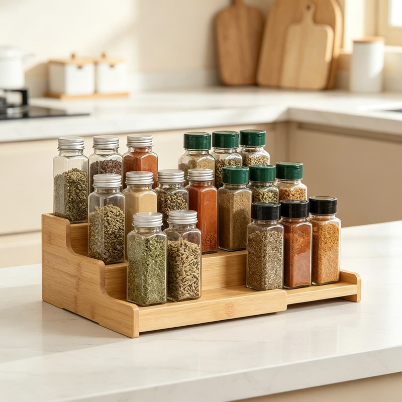 Étagère à épices réglable pour armoire et comptoir, organisateur d'assaisonnement en bambou à 3 niveaux pour bocaux et bouteilles, solution de rangement de cuisine peu encombrante (paquet de 2)