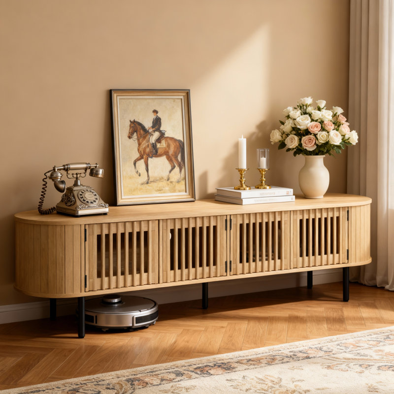 Bassford 70" W Louvered TV Stand with Curved Side Panels
