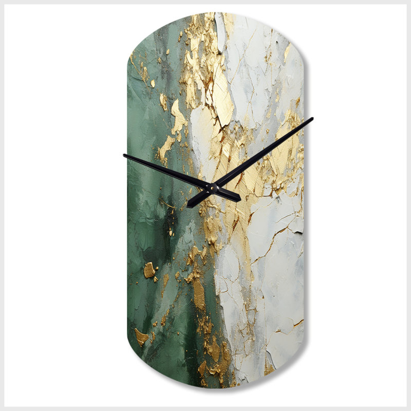 Or et vert peinture fusion - peinture abstraite horloge cylindrique en métal, horloge murale asymétrique moderne, Grand