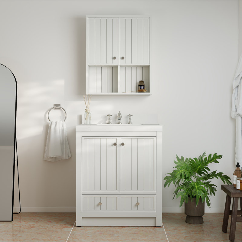 Ensemble de meuble-lavabo mural 30 po avec comptoir à quartz blanc Thassos 2 po et armoire murale assortie, Blanc perle