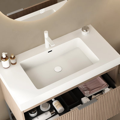 36" Rectangular Undermount Basin For Bathroom - White, Modern & Scandinavian Solid Surface, Scratch Resistance, Wear Easy To Clean, Faucet Hole And Overflow, Sink Cover Expandable Drain Pipe