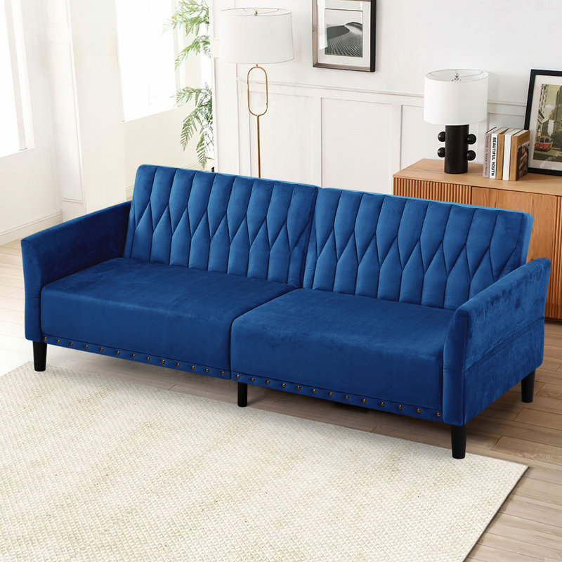 Wallasse 78'' Velvet Reclining Sleeper Sofa, Blue
