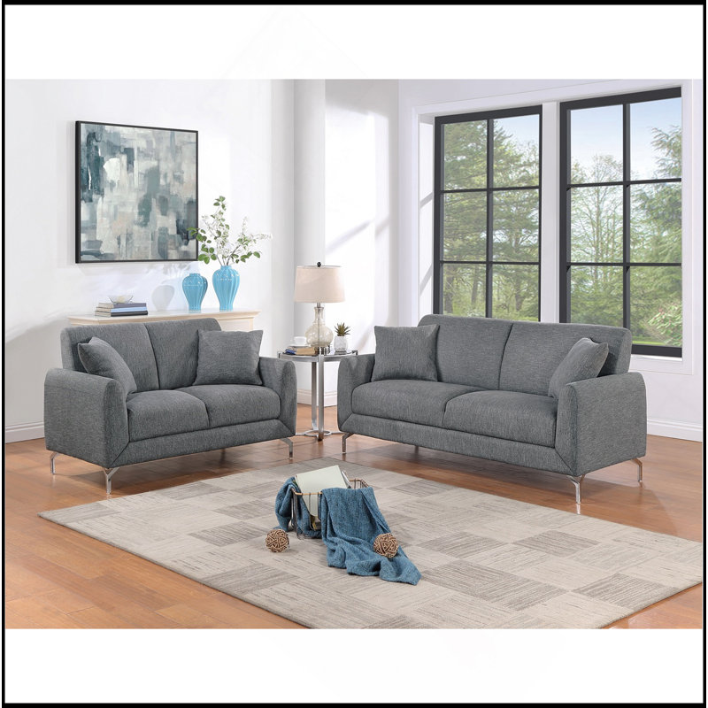 Élégant ensemble de canapés 2 pièces gris foncé en toile de jute et tissu avec causeuse et coussins Cozy Design, Gris foncé