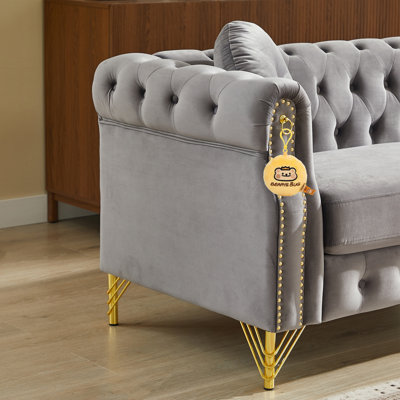 82" Velvet Chesterfield Sofa with Tufted Buttons, Copper Stud Trim & Gold Metal Legs（Set of 2）