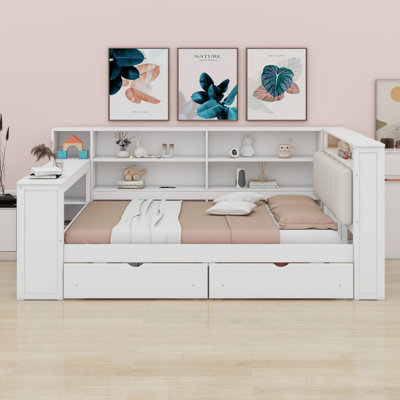 Lit plateforme en bois avec tablettes de rangement, tiroirs, station de charge, DEL, bureau et tête de lit tapissier