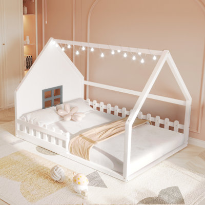 Lit blanc en bois pleine grandeur avec clôture et fenêtre - construction durable, délice à DEL, sans sommier pour lit Magnificence, clôture, addition