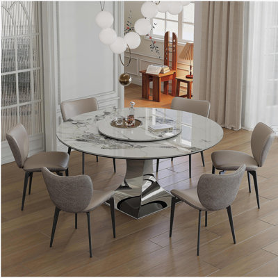 59" Round Sintered Stone Dining Table Set with Stainless Steel Black Titanium Hourglass Base & 8 Gray Padded Chairs – Modern Luxury Marble-Look Kitchen Table for 6-8, Scratch & Heat Resistant Surface