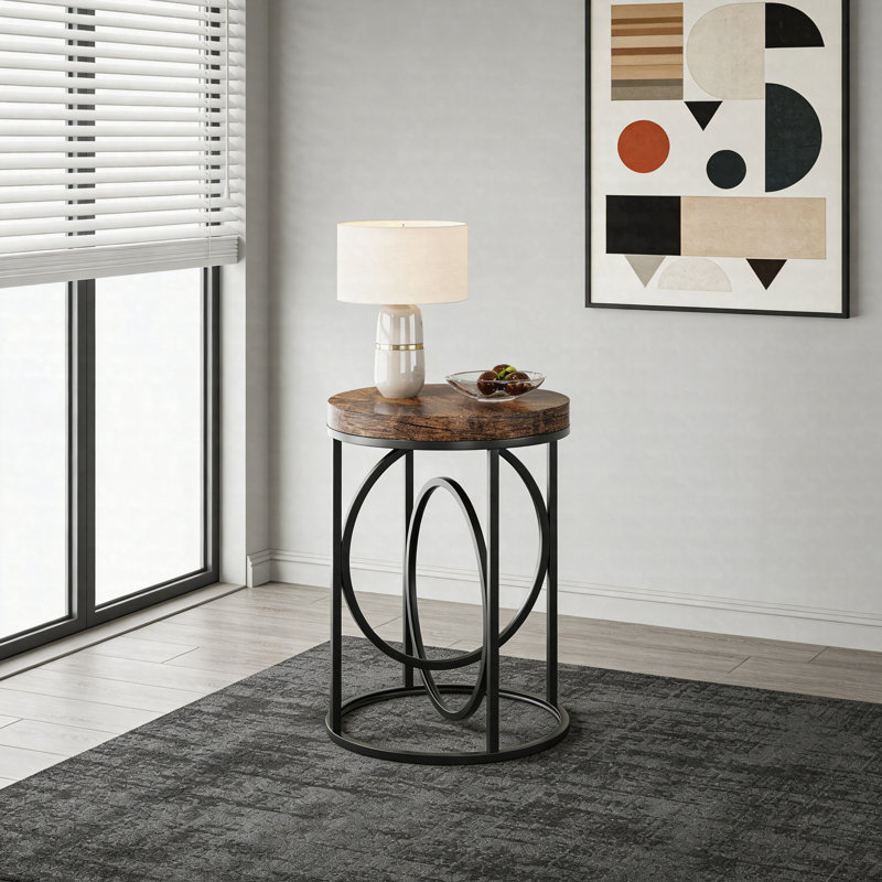 Table de bout ronde avec plateau en faux marbre, table d'appoint moderne avec cadre en forme de O doré