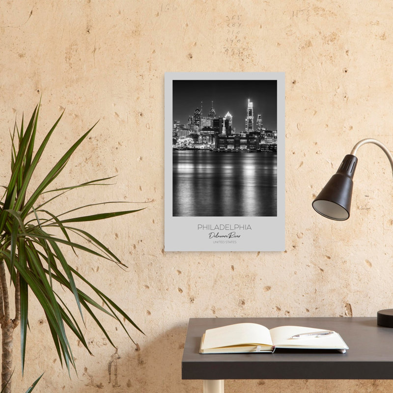 Philadelphia River Reflections Classic Dramatic Tranquil Architecture City Wall Art Print by Melanie Viola - Wrapped Canvas Print