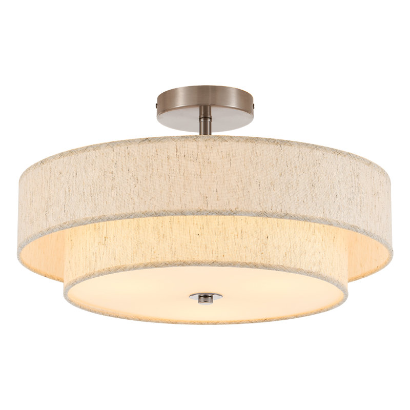 3-light Modern Drum Linen Semi Flush Mount Ceiling Light, Chrome