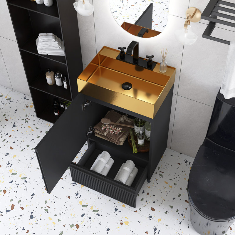Dessus de meuble-lavabo simple autoportant 20 po intégré en céramique, Noir, noir, noir, noir, Doré