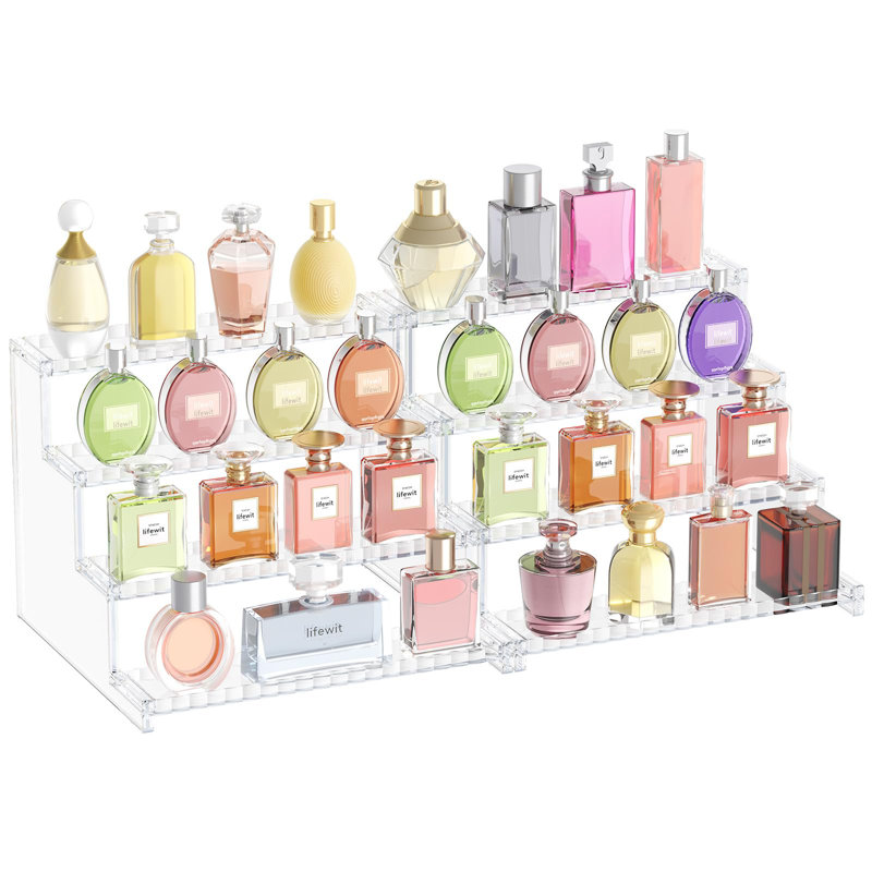 4 Tier Clear Display Risers Stand With Decorative Fences, Plastic Perfume Organizer, Desktop Stand For Organization And Decor, 2 Pack