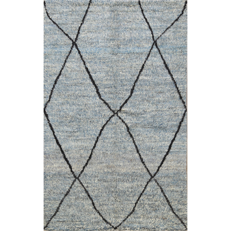 Tapis décoratif en laine bleu marocain de conception unique 5 pi 5 po x 7 pi 9 po noué à la main New Age