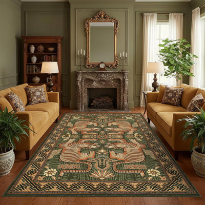 Tibetan Tiger 5X7 Area Rugs, Boho Green Washable Rugs For Living Room, Vintage Tribal Soft Animal Print Throw Rug Non Slip Ultra Thin Stain Resistant Floor Carpet For Office Bedroom