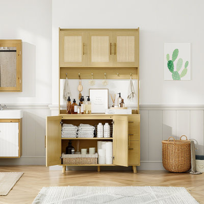 Boho Rattan Pantry Cabinet with Microwave Shelf – 71" Freestanding Dining Room Hutch – 3 Drawers, 6 Hooks, Ample Storage – Rustic Coffee Bar Cabinet for Kitchen or Living Room – Wood Color