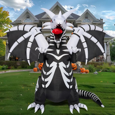 Scary Halloween Inflatable Skeleton Dragon With Red LED Eyes | 8Ft Tall Blow Up Yard Decoration
